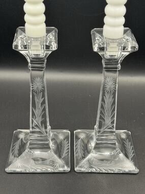 Heisey Aristocrat Hughes Cornflower Cut Glass Candlesticks Set of 2 Marked